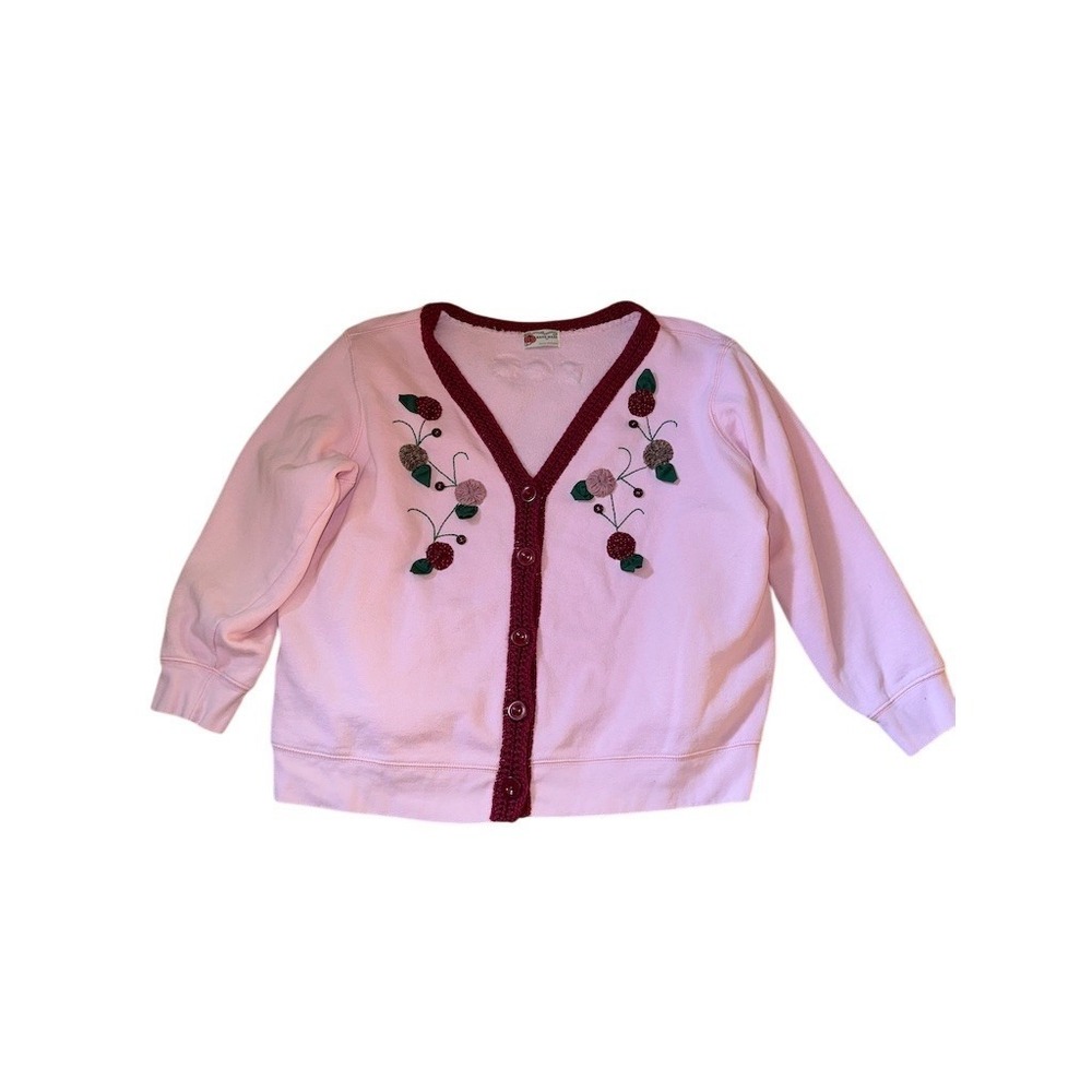 Handmade Grandmacore Cardigan Sweater crochet M Pink Floral Button comfycore - Picture 2 of 8